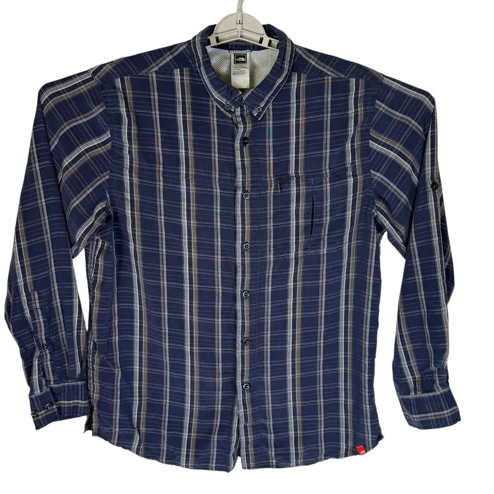 The‎ North Face Mens Large Navy Blue Plaid Mesh Yoke Hiking Button Down Shirt L